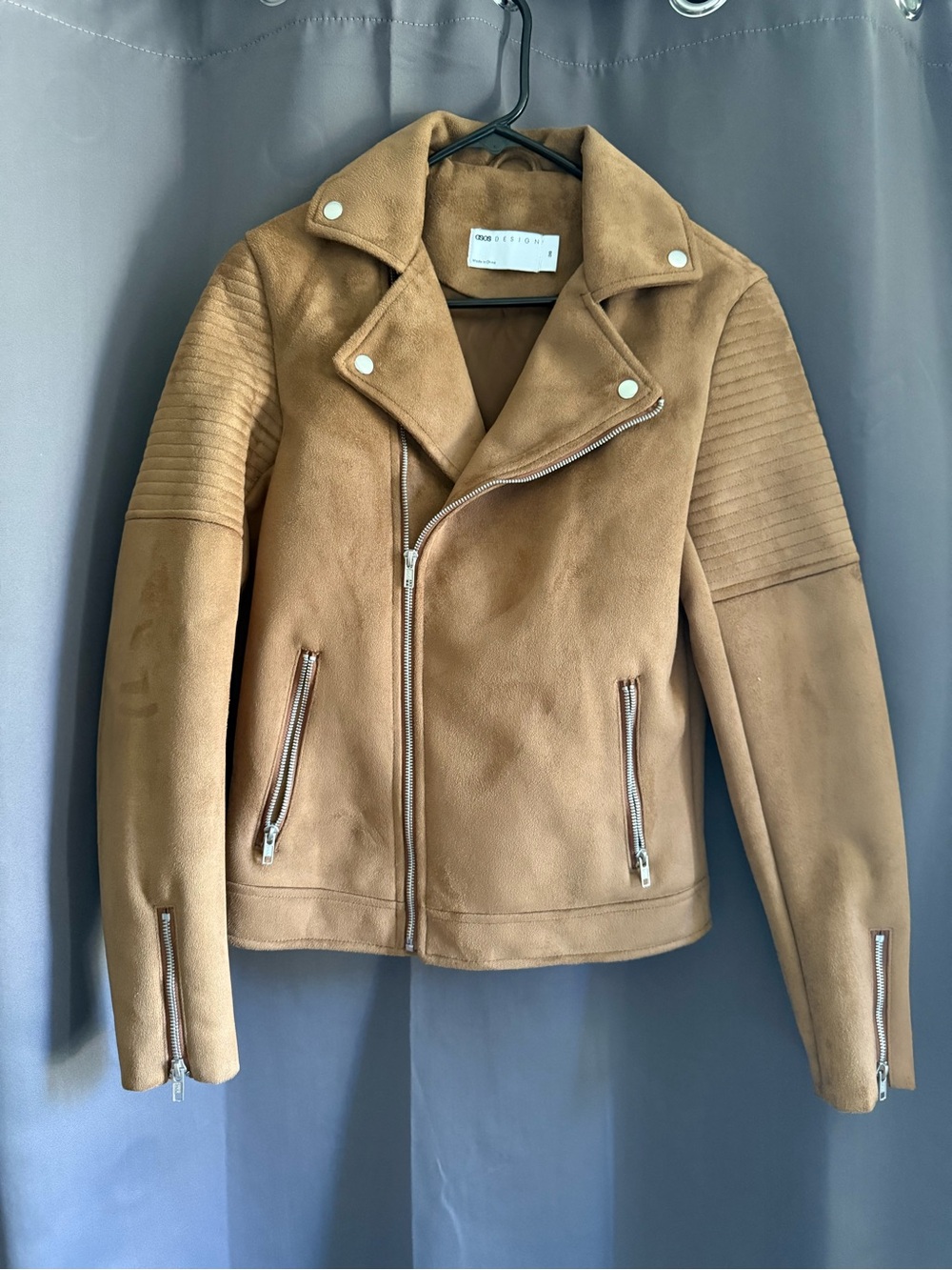ASOS DESIGN faux suede biker jacket in tan